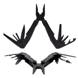 Alicates plegables negros, herramienta multiusos para exteriores.