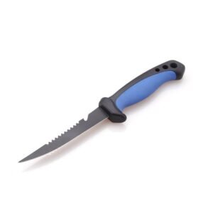 Cuchillo de pesca de 5 pulgadas con dientes traseros de acero inoxidable y funda para pesca al aire libre.