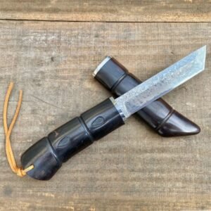 Cuchillo de Damasco con estuche de madera, cuchillo de supervivencia portátil para carne de mano en zonas silvestres.